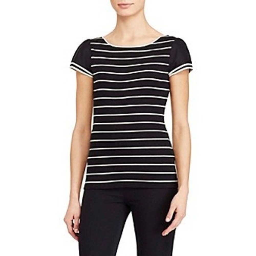 Lauren Ralph Lauren Petite Black White Striped Sheer Puff Sleeve Cotton Top PM
